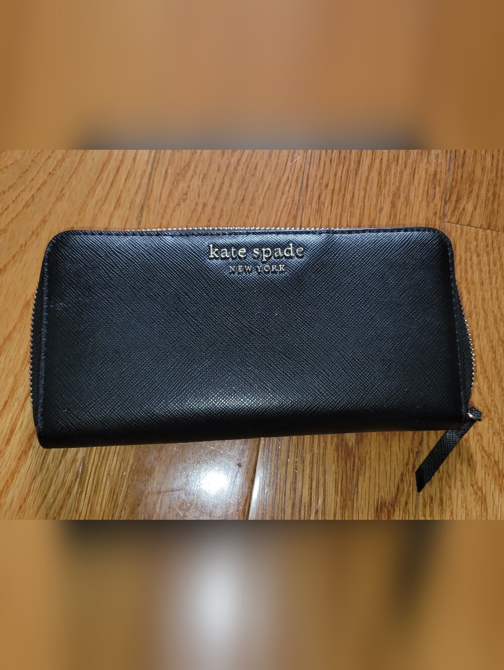 Kate Spade Black Saffiano Zip-Around Wallet Gold Logo 12 Card Storage & Coin